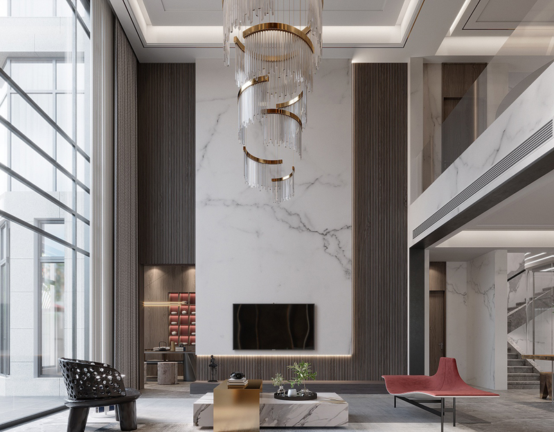 350平獨棟別墅輕奢風大廳裝修設計效果圖